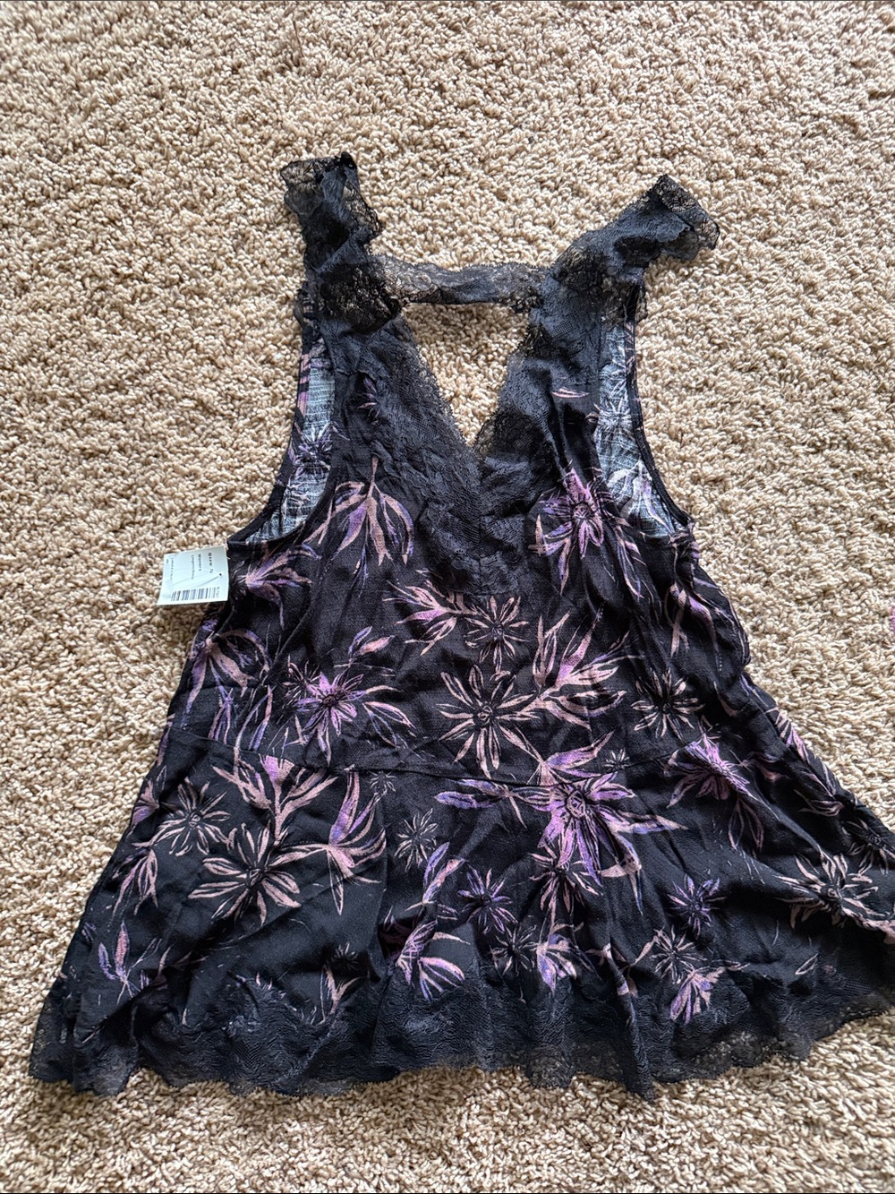 Free People Black Lace Floral Sleeveless Camisole with Purple Accents